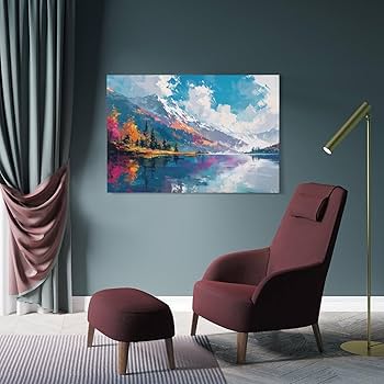 Amazon.co.jp: 絵画 春の山と川の油絵インテリア 絵画 油絵